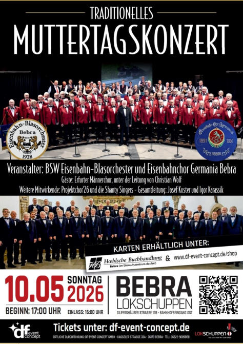 Plakat Traditionelles Muttertagskonzert im Lokschuppen Bebra am 10. Mai 2026, Beginn 17:00 Uhr