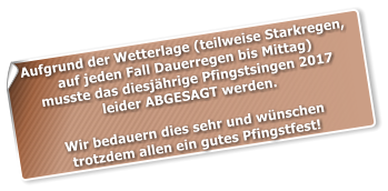 Aufgrund der Wetterlage (teilweise Starkregen,  auf jeden Fall Dauerregen bis Mittag)  musste das diesjhrige Pfingstsingen 2017  leider ABGESAGT werden.  Wir bedauern dies sehr und wnschen  trotzdem allen ein gutes Pfingstfest!